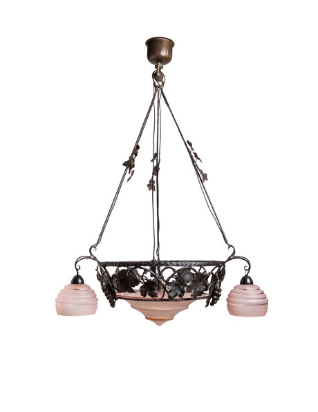 Large Art Deco hanging lamp, pink glass