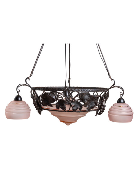 Large Art Deco hanging lamp, pink glass