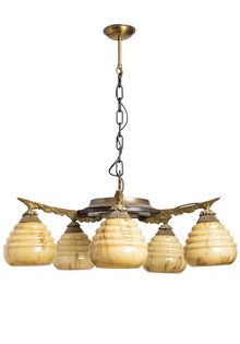 Oude Hanglamp met Geel Gemarmerd Glas, Jaren 30