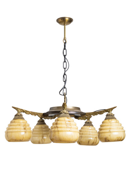 Old Hanging Lamp with Yellow Marbled Glass, 1930s