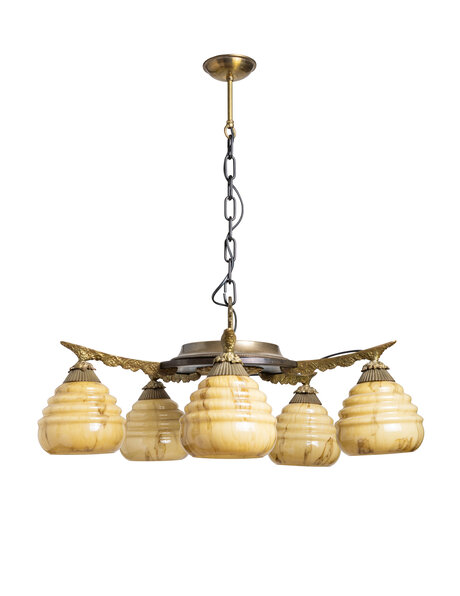 Antieke hanglamp, geel gemarmerd glas