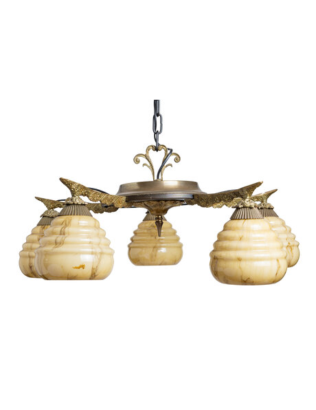 Antieke hanglamp, geel gemarmerd glas