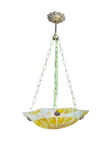 Pendant Lamp, Yellow-Green Glass Bowl, 1940s, Signed: Lucha