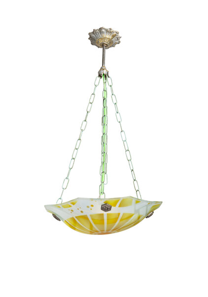 Hanglamp, Geel-Groen Glazen Schaal, Jaren 40, Gesigneerd: Lucha