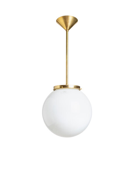 Old hanging lamp, white glass ball, brass rod