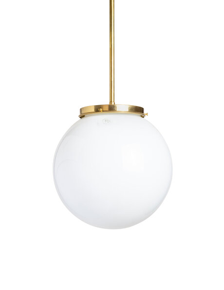 Old hanging lamp, white glass ball, brass rod