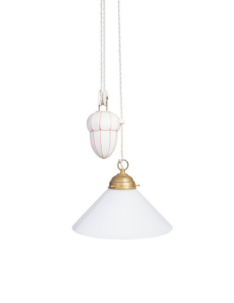 Oude hanglamp, wit glas, contragewicht