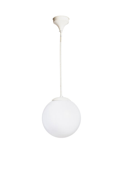 White Glass Ball on White Pendant, Industrial Design, 1940s