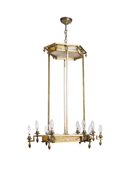 Bijzondere Art Deco Hanglamp, Zeskantig, Messing, Jaren 30