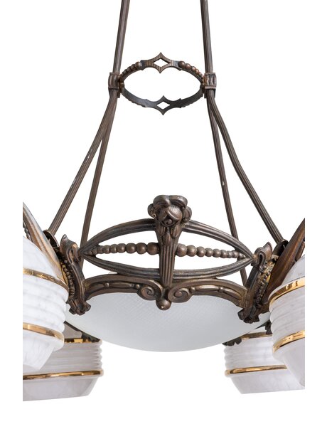 Brocante hanglamp, wit gewolkt glazen kapjes