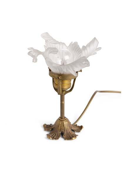 Small Brass Table Lamp with Frosted Glass Flower, 1930s