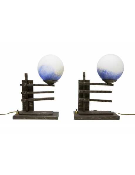 Antique table lamps, black metal with blue pate de verre, 1930s