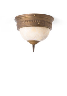 Oude Plafondlamp, Albast Schaal, Bruin Messing Ring