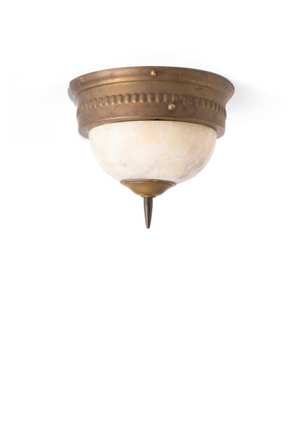 Oude Plafondlamp, Albast Schaal, Bruin Messing Ring