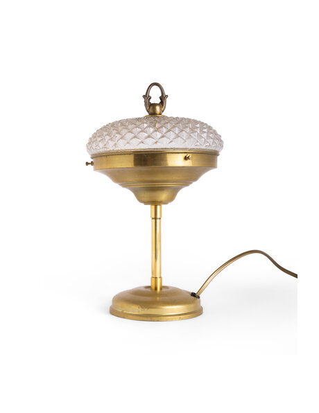 Old brass table lamp, glass shade