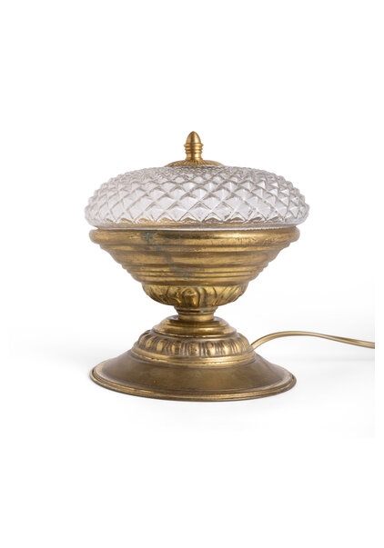 Brown Brass Table Lamp, Compact, Closed Glass Shade