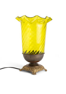 Green Glass Table Lamp, Gold-Brown Brass Base, 1940s