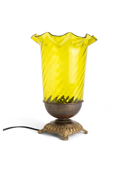 Green Glass Table Lamp, Gold-Brown Brass Base, 1940s