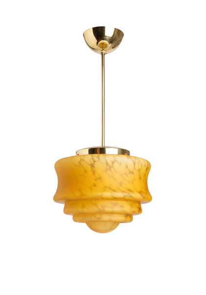 Old Hanging Lamp, Yellow-Brown Cloudy Glass Shade on Pendant