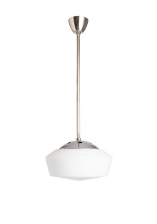 Industrial White Glass Pendant Lamp on Rod, 1930s