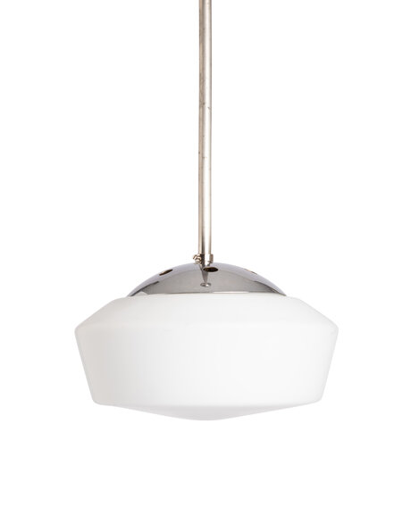 Industrial pendant lamp, white glass shade, 1930s