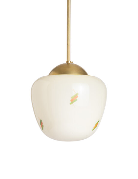 Leuke vintage hanglamp, licht geel glas met werkje