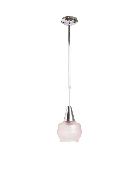 Old pendant lamp, pink glass shade on silver rod