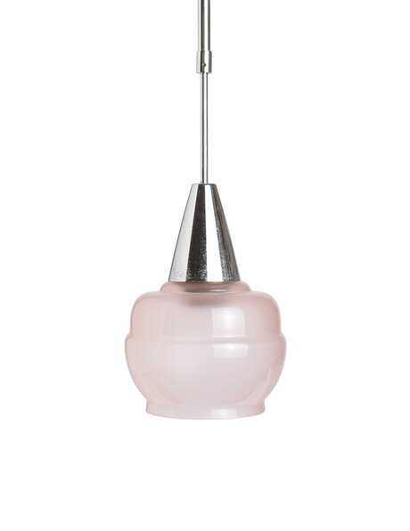 Old pendant lamp, pink glass shade on silver rod