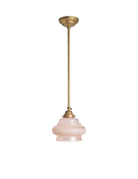 Oude hanglamp, messing stang, roze glas