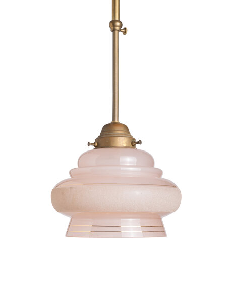 Oude hanglamp, messing stang, roze glas
