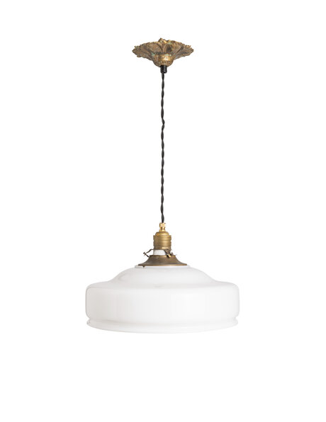 1950s pendant lamp, white glass on black cord