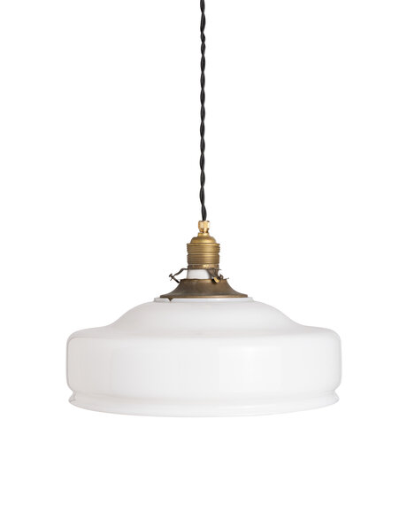 1950s pendant lamp, white glass on black cord