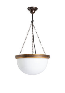 Klassieke Hanglamp, Witte Schaal, Halve Bol aan 3 Kettingen, Jaren 40