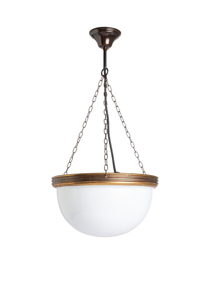 Classic Pendant Lamp, White Bowl, Half Globe on 3 Chains, 1940s