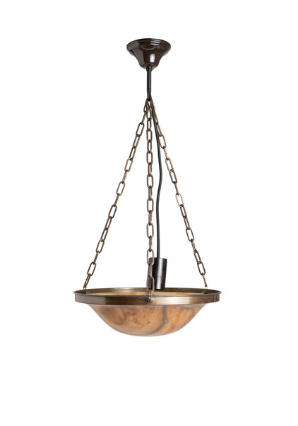Alabaster Pendant Lamp, Bowl in Brown Brass Frame, 1930s