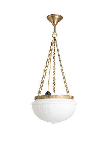 Klassieke Hanglamp, Bewerkt Wit Mat Glas aan 3 Kettingen