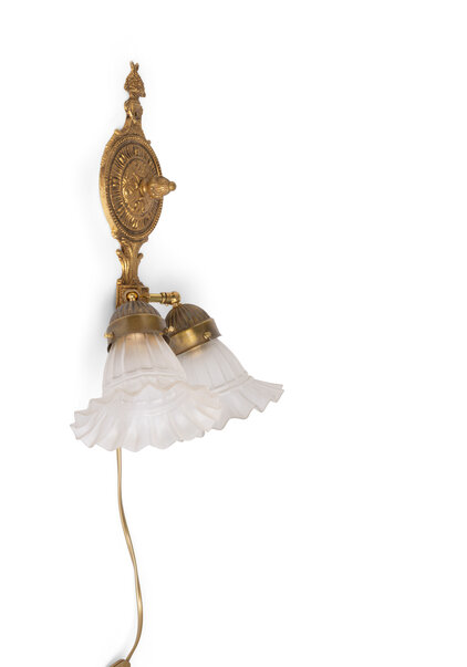 Country Wall Lamp, Two Matte Glass Skirt Lampshades, 1940s