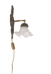 Brocante Wandlamp, Bruin Messing en Matglas Kapje, Jaren 40