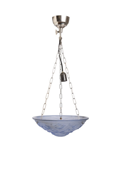 Blauw Glazen Hanglamp, Schaal, Frans, Art Deco, Jaren 30