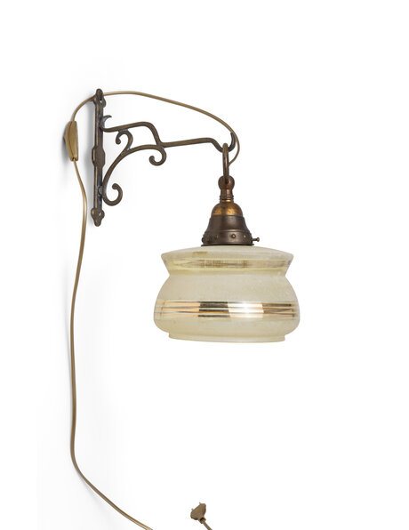 Brocante wandlamp, bruin messing en glas