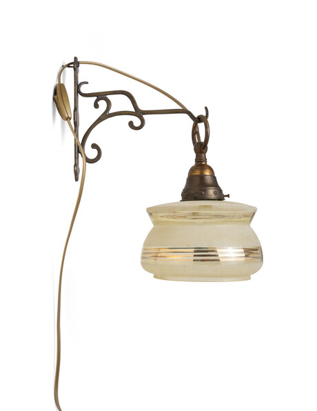 Brocante wall lamp, brown brass and glass