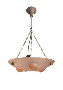 Antieke  Hanglamp, Roze Glazen Schaal met Rozen, Jaren 30