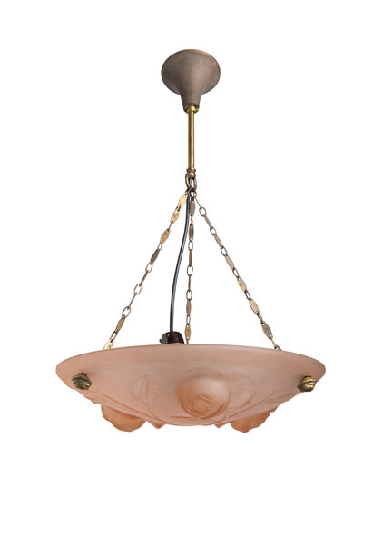 Antique Hanging Lamp, Pink Glass Bowl with Roses, 1930s
