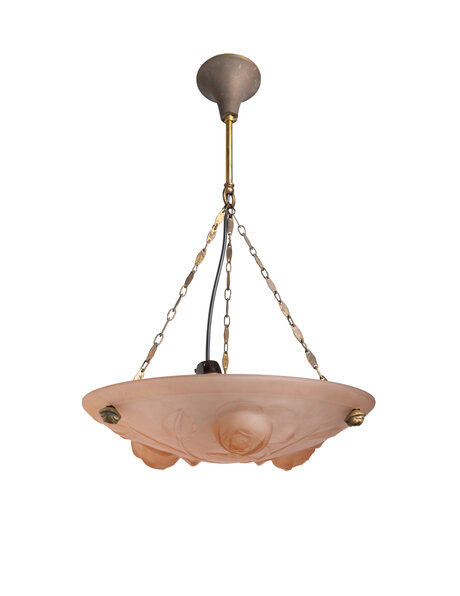 Art Deco pendant lamp, pink bowl with roses