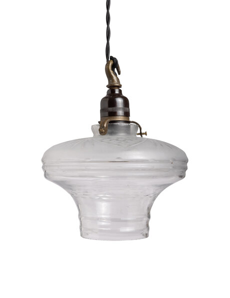 Antique hanging lamp, matt and clear glass, cut, on a cord