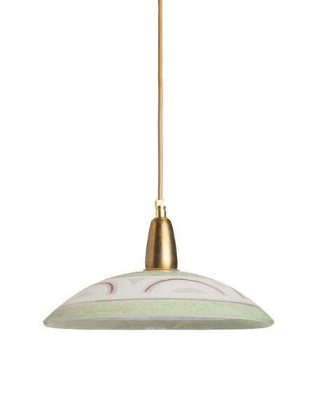 Leuke vintage hanglamp, gedecoreerd glas aan snoer