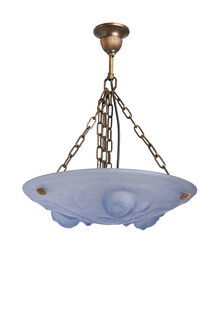Antique Hanging Lamp, Blue Glass Bowl with Roses, 1930s