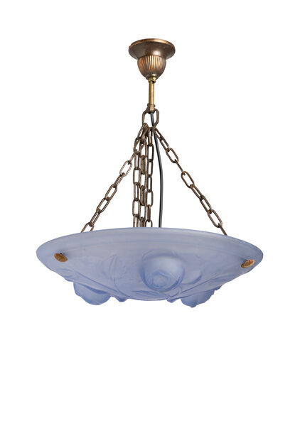 Antieke  Hanglamp, Blauwe Glazen Schaal met Rozen, Jaren 30