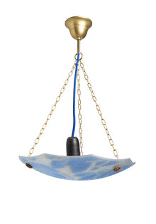1940s Hanging Lamp, Glass Bowl, Blue Leaves