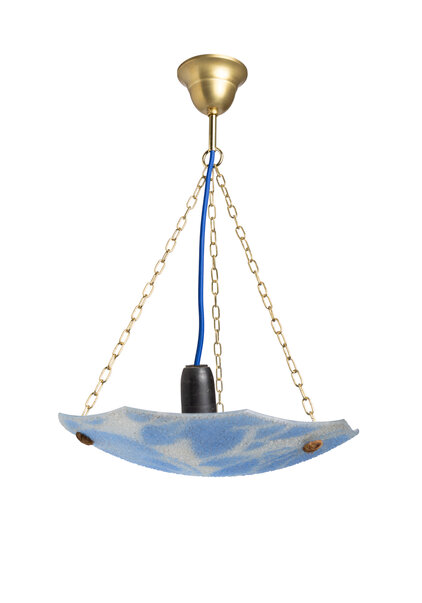 1940s Hanging Lamp, Glass Bowl, Blue Leaves